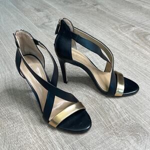 BCBGMAXAZRIA Rainn Black Gold Strappy Sandal Heel Women’s